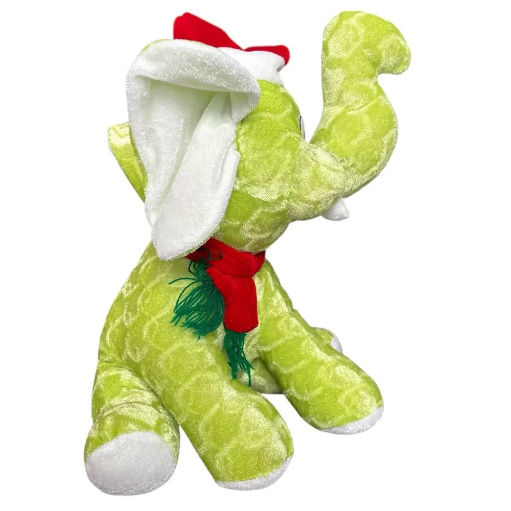 Christmas Elephant Plush Green Red Santa Hat Vintage Stuffed Animal Toy Bright